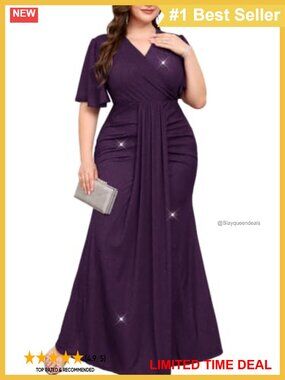 Plus Size Sparkly Wrap V Neck Ruffle Sleeve Mermaid Maxi Formal Dress